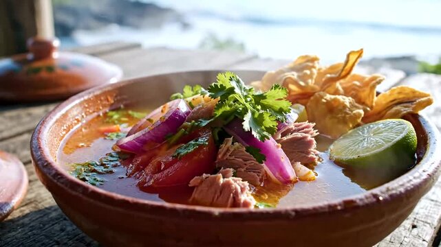 A bowl of traditional Mexican posole soup.