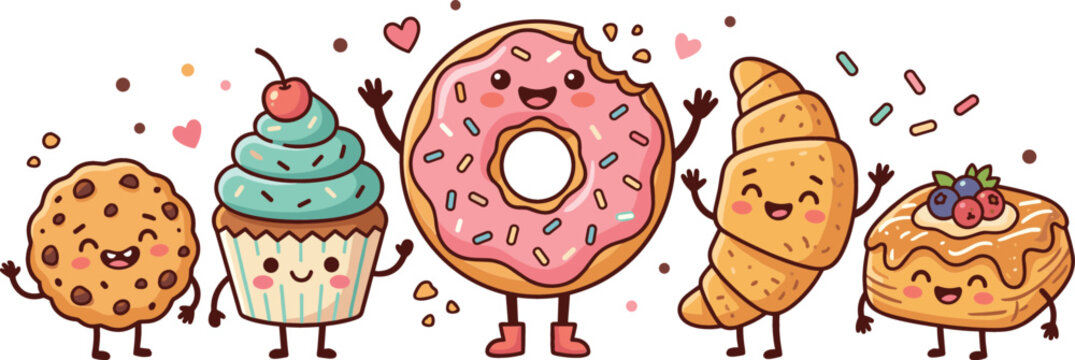 Horizontal set of kawaii bakery characters featuring cute cookie cupcake donut croissant and danish pastry for sweet dessert shop branding and banner.