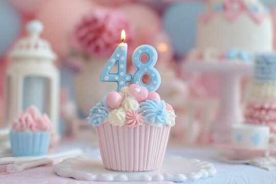 Elegant 48th Birthday Celebration with Festive Cupcake and Soft Pastel Decorations