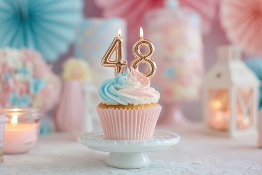 Elegant cupcake decorated with candles for 48th birthday celebration in festive setting