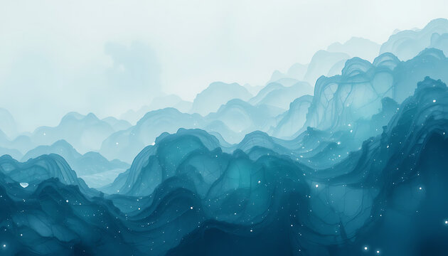 Misty mountain range with fog and starry sky backdrop on transparent background