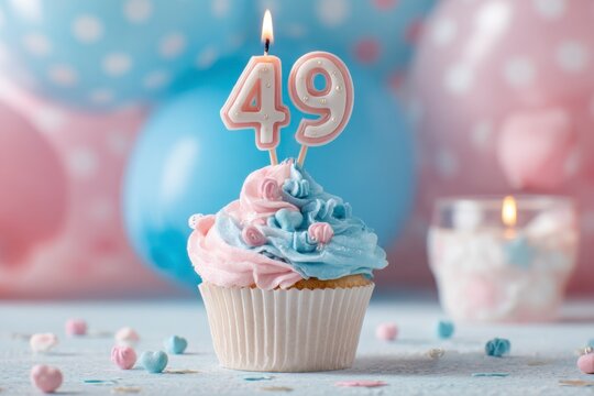 Festive Cupcake with Pink and Blue Swirls and Candle Number 49 for Celebration