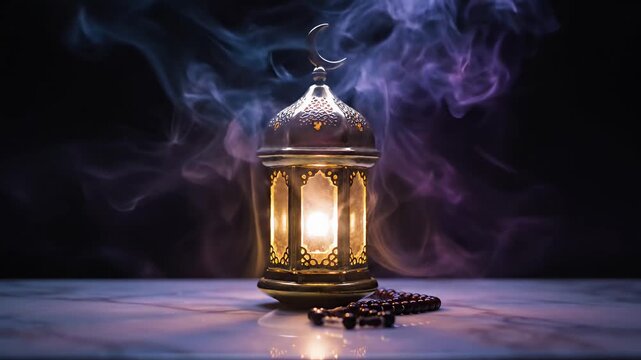 Decorative illuminated lantern with crescent moon symbol and smoke effect