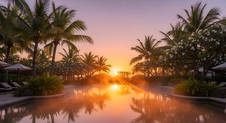 Fototapeta premium Tropical sunset by the pool resort.