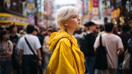 Obraz premium a beautiful cool girl with short white hair wearing an oversized yellow jacket walks through a crowded street in Osaka,