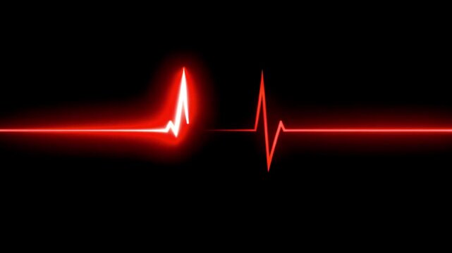 Animated heartbeat line in neon glow. Seamless heart pulse loop for healthcare interfaces, ECG visuals, and modern wellness content. Red line on black background beating