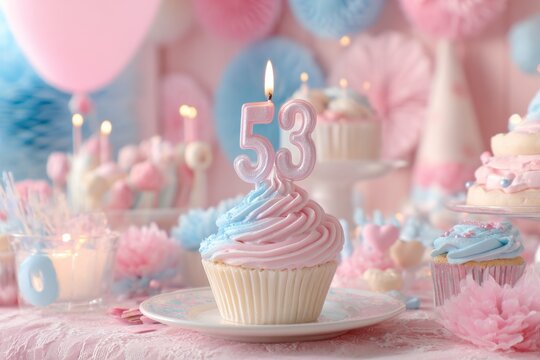 Elegant 53rd birthday celebration with cupcakes and pastel decorations