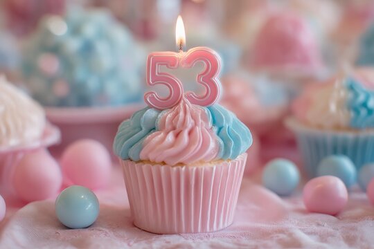 Festive 53rd Birthday Cupcake with Colorful Frosting and Candle Decorations