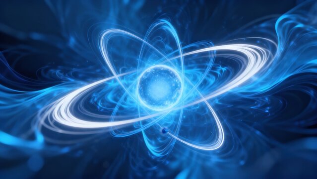 Abstract atomic structure with glowing orbits