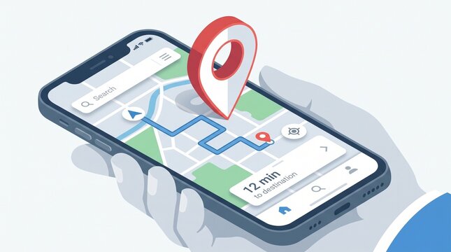 Hands holding isometric smartphone with GPS map navigation