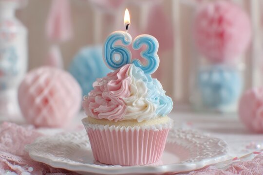 Elegant 63rd birthday celebration cupcake with colorful frosting and candle