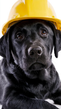 dog construction worker wearing hard hat isolated on white background, canine builder in safety helmet studio cutout, funny dog laborer with protective hardhat isolated