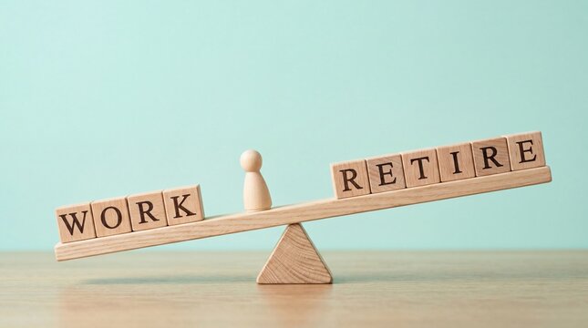 Wooden blocks spelling work and retire on balance scale, career transition concept, retirement planning, life balance, pension savings, future security, employment vs leisure,