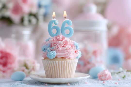 Festive cupcake decorated for 66th birthday celebration with candles and pastel pink blue colors