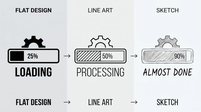Hand drawn sketch style loading and processing sequence