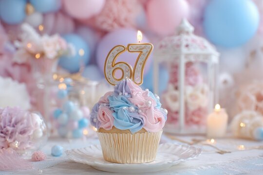 Elegant Cupcake for 67th Birthday Celebration with Pastel Decorations and Candlelight