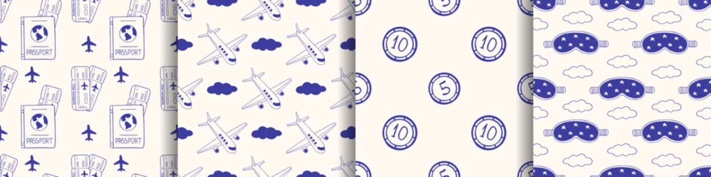 Vector seamless pattern print set with hand drawn outline sketch monochrome doodle blue mediterranean navy travel icons. passport, ticket, airplane, plane, cloud, sleeping mask on light background.