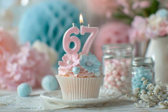 Elegant pastel birthday cupcake with candles, flowers, and decorative elements for 67th celebration