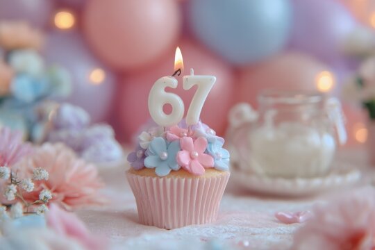 Elegant birthday cupcake with lit number candle celebrating 67th year