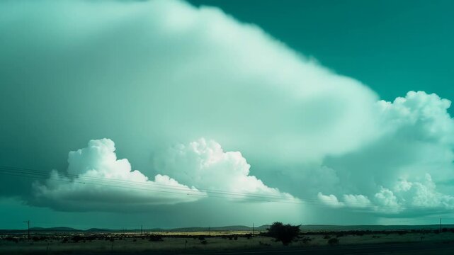 Cumulus clouds are building up intensely over a wide open landscape, casting shadows and showing signs of an active weather system with distant rain in a teal colored sky