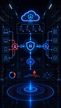 Cyber threat analytics dashboard with malware alerts, network activity charts, world map monitoring and incident response metrics on dark user interface