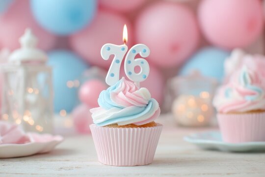 Festive 76th Birthday Cupcake with Candle and Background Decorations