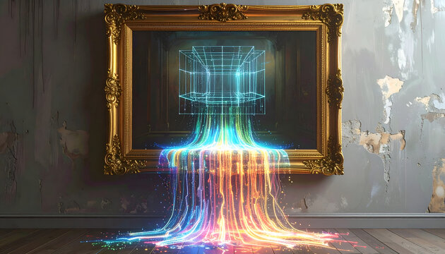 Colorful light streams flowing from abstract digital art cube inside golden picture frame on distressed wall