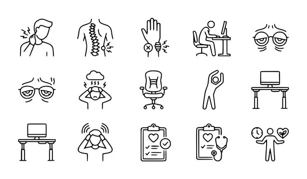 Healthy lifestyle and ergonomics line icons, correct sitting posture, exercise, and wellness symbols for office health.