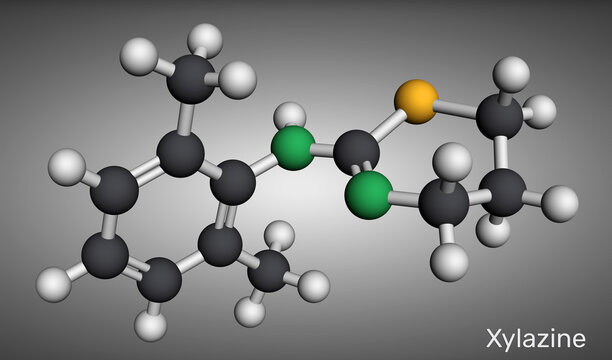 Xylazine molecule. Veterinary drug used for sedation, anesthesia, muscle relaxation, and analgesia in animals. Molecular model. 3D rendering