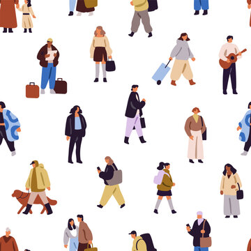 Repeatable pattern of busy, hurring city crowd. Endless background of tiny people walking, strolling dogs, playing guitar, travelling with suitcases and standing. Flat seamless vector illustration