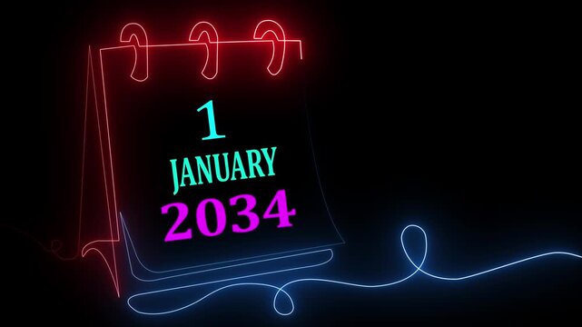Futuristic glowing neon calendar with 1 January 2034 typography and vibrant colorful light trails on dark background