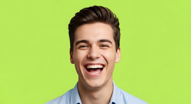 Close-up portrait of a young man laughing with a big smile on a bright green background.
