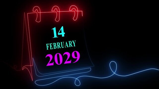 Futuristic glowing Valentine calendar with 14 February 2029 text and neon pulse line for romantic holiday background