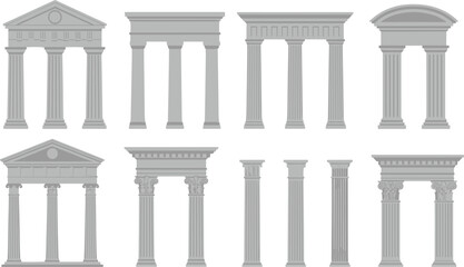Fototapeta premium Classical architectural facade and column collection isolated ancient building vector illustration set for construction design