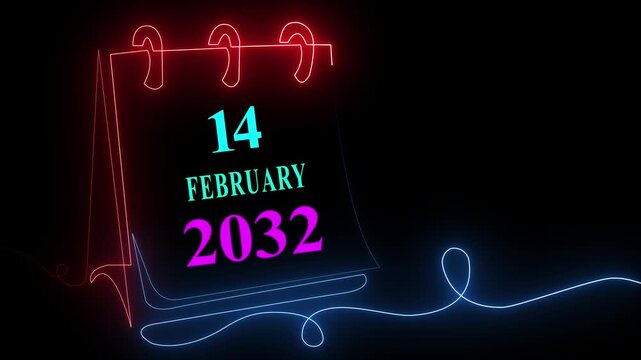 Neon glowing calendar with 14 February 2032 date and heartbeat waveform for Valentine holiday celebration background