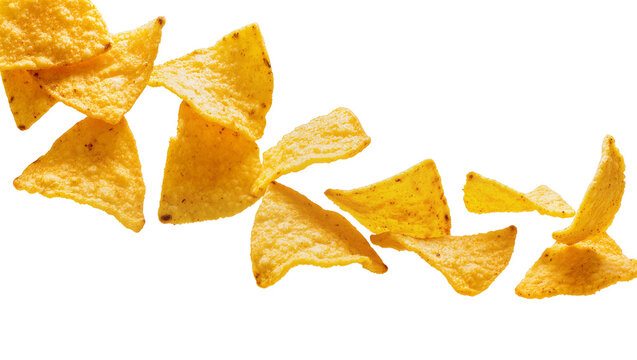 Isolated crispy golden seasoned tortilla chips flying through the air, delicious savory snack