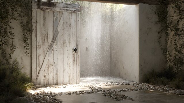 An aged, weathered wooden barn door stands partially open, revealing an outdoor shower where water