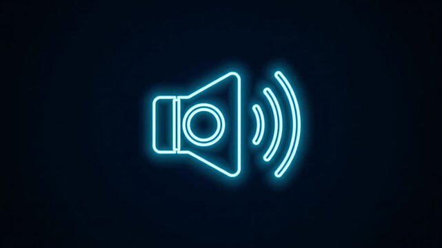 Glowing blue neon speaker icon on a dark background.