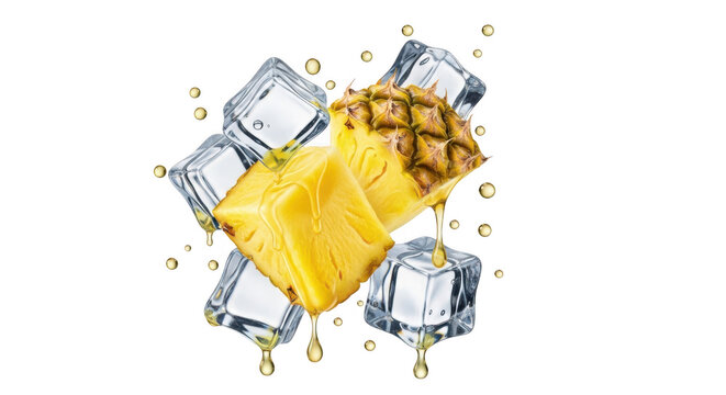 Fresh pineapple chunks with ice cubes and juice drops isolated on transparent background