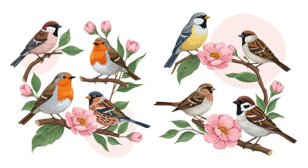Various small birds perched on blooming branches with pink flowers. © Naswi