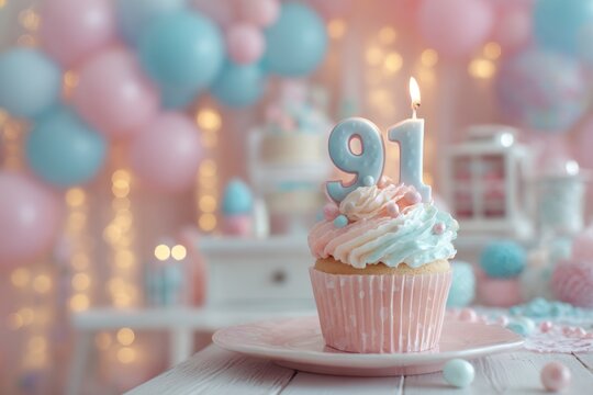 Beautiful birthday cupcake decorated with candle celebrating ninety-one years