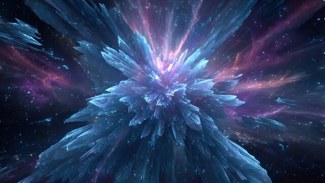 An abstract explosion of crystalline blue structures emanates from a cosmic nebula with vibrant