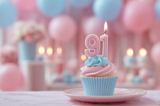 Elegant Birthday Cupcake with Lit Number 91 Candle in Pastel Pink and Blue Decor
