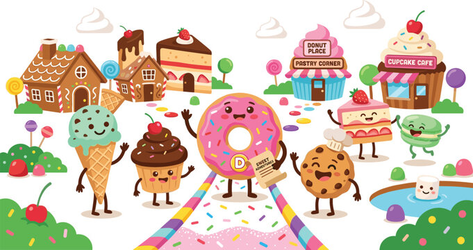 Kawaii candy land vector illustration with cute dessert characters gingerbread houses and sweet treats in a magical fantasy food village background.