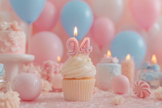 Festive Birthday Cupcake with Candle, Surrounded by Colorful Balloons and Sweets, Celebration Decor, Year 94