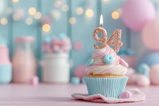 Decorative Cupcake with Number 94 Candle Surrounded by Pastel Party Decorations