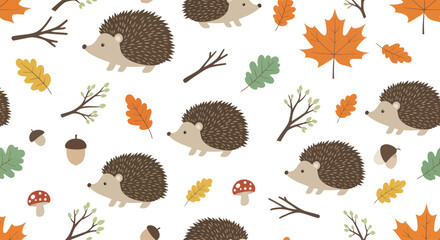 Cute seamless pattern with hedgehogs and autumn forest elements on white background © Naswi