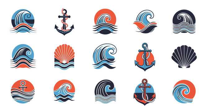 Vector set of nautical logos featuring waves, anchors, and seashells in flat design style.