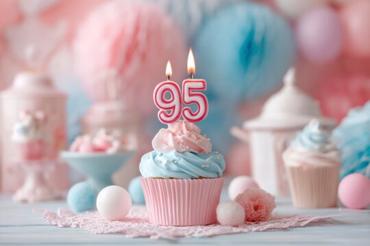 Stylish pastel cupcake with candles and festive decorations celebrating 95th birthday