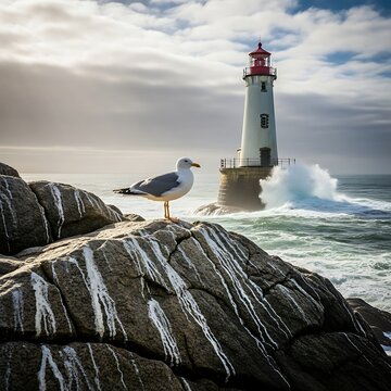 Seagull surveys ocean's might before the guiding lighthouse
